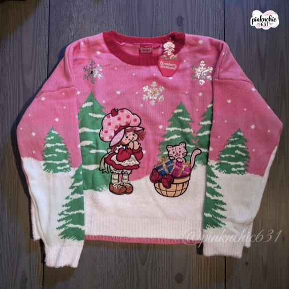 Strawberry Shortcake Festive Pink Embroidered Sequin Christmas Sweater - Picture 2 of 10